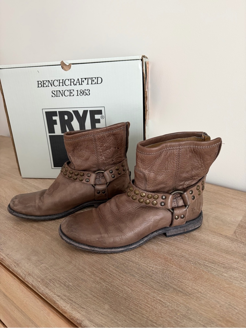 FRYE Brown Leather Studded Harness Ankle Boots